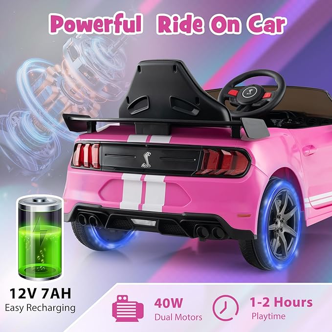 Costzon Ride on Car, 12V Licensed Ford Mustang Shelby GT500 Kids' Electric Vehicles w/Remote Control, USB Port, Radio, Music, Player, High Low Speed & Soft Start, Racing Kids Car for Toddlers (Pink)-CubbioJoy