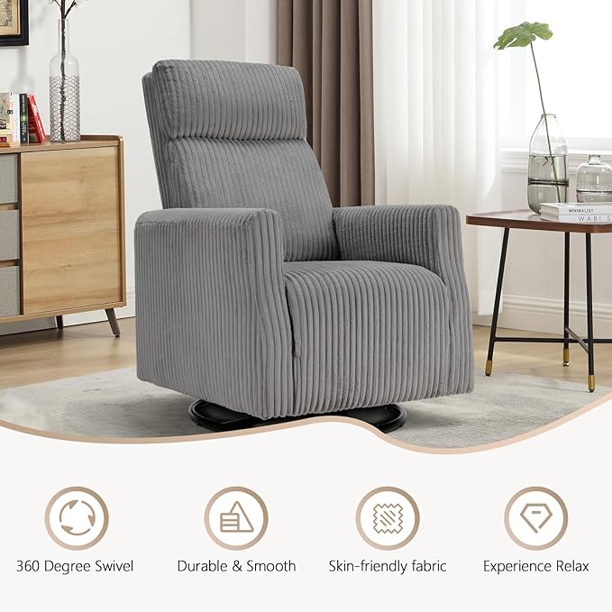 CANMOV Swivel Rocker Chair Set of 2, Swivel Accent Chair with High Back and Arms, Corduroy Glider Chair for Living Room Bedroom Nursery, Grey-CubbioJoy