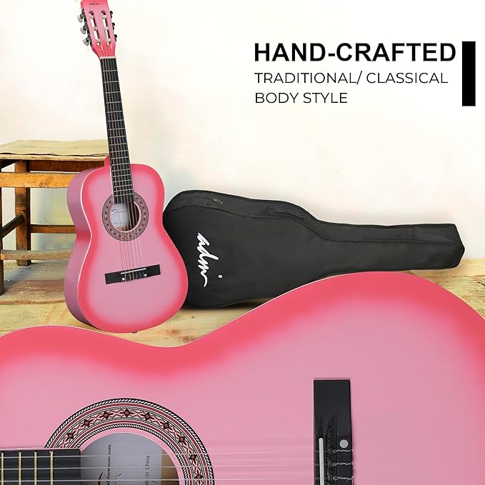 ADM Beginner Acoustic Classical Guitar 36 Inch Nylon Strings Wooden Guitar Bundle Kit for Kid Boy Girl Student Youth Guitarra Online Lessons with Gig Bag, Strap, Tuner, Strings, Picks, Pink-CubbioJoy