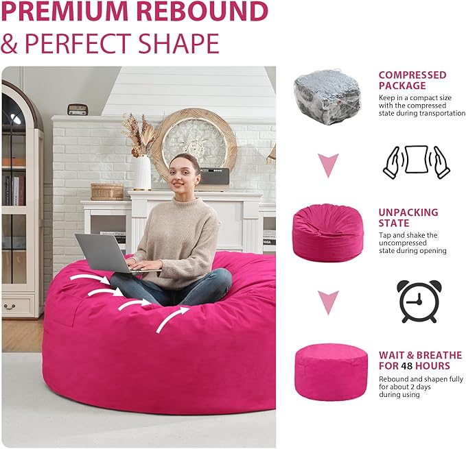 3FT Bean Bag Chair, Comfy Bean Bag Chairs with Memory Foam Filled, Fluffy Beanbag Sofa with Dutch Velvet Cover, Round BeanBag Chairs for Living Room, Playroom - Pink-CubbioJoy