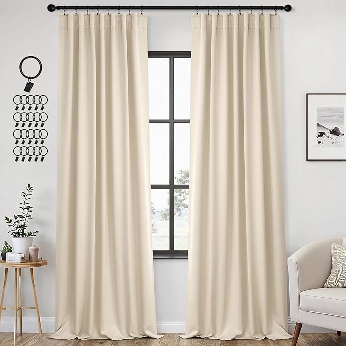 ANRODUO Back Tab Blackout Curtains for Bedroom Living Room, Rod Pocket Pinch Pleated Thermal Insulated Room Darkening Curtains 96 Inches Long 2 Panels, Cream Beige, 42 x 96 Inch-CubbioJoy