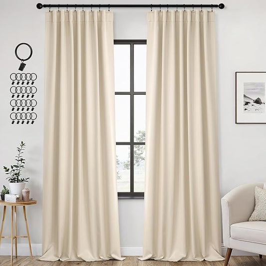 ANRODUO Back Tab Blackout Curtains for Bedroom Living Room, Rod Pocket Pinch Pleated Thermal Insulated Room Darkening Curtains 96 Inches Long 2 Panels, Cream Beige, 42 x 96 Inch-CubbioJoy