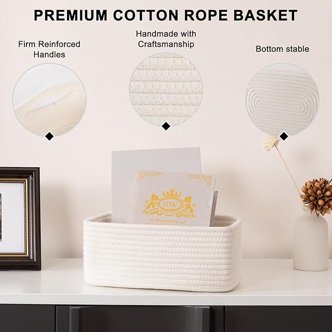 4 Pack Small Storage Shelf Baskets for Organizing, Mini Woven Rope Storage Bins for Towels, Cute Decorative Closet Organizer，Baby Nursery, Gift Empty Baskets -11.81''Lx7.87''Wx4.72''H-White-CubbioJoy