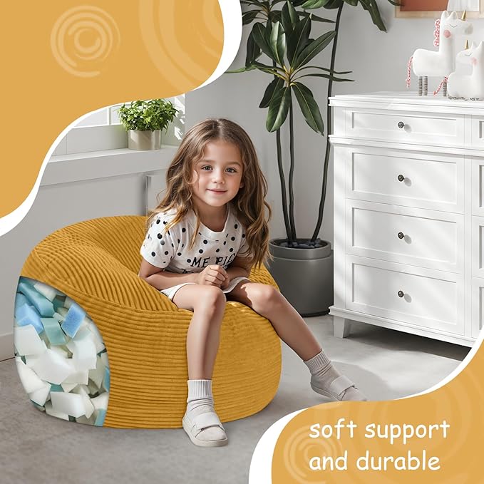 COMAX Kids Bean Bag Chair Turn into Beanbag Bed, Toddler Bean Chair Corduroy for Girl Boy Sleeping, Lazy Children Bean Bags with Filler, Convertible Child Floor Mattress, Yellow-CubbioJoy