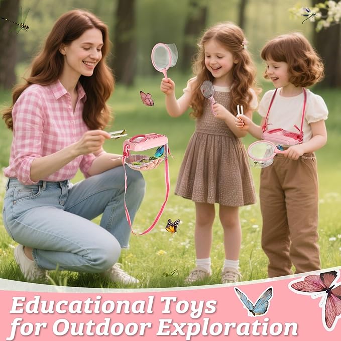 2 Set Bug Catcher for Kids- Educational Bug Catching Kit Including Butterfly Net, Insect Clip, Tweezer, Outdoor Toys for Kids Ages 3-10 (Pink)-CubbioJoy