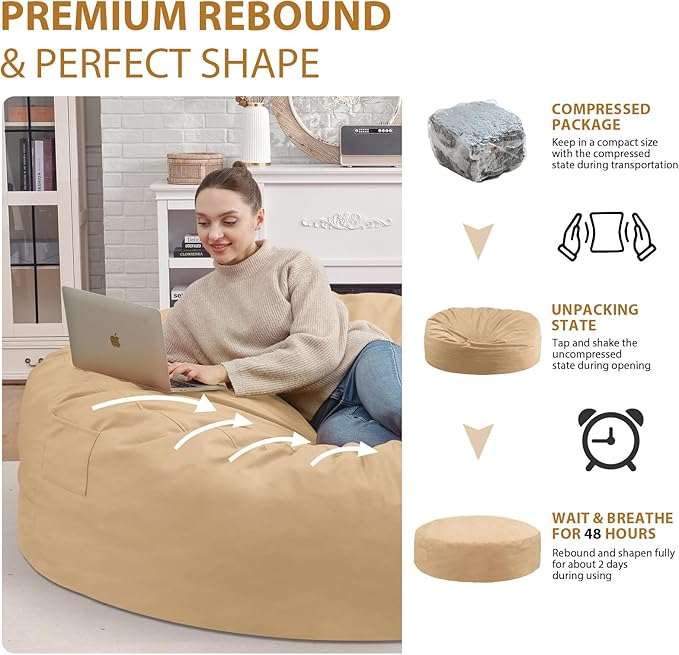 7FT Bean Bag Chair, Large Bean Bag Chairs with Memory Foam Filled, Fluffy Beanbag Sofa with Dutch Velvet Cover, Round BeanBag Chairs for Living Room, Playroom - Khaki-CubbioJoy