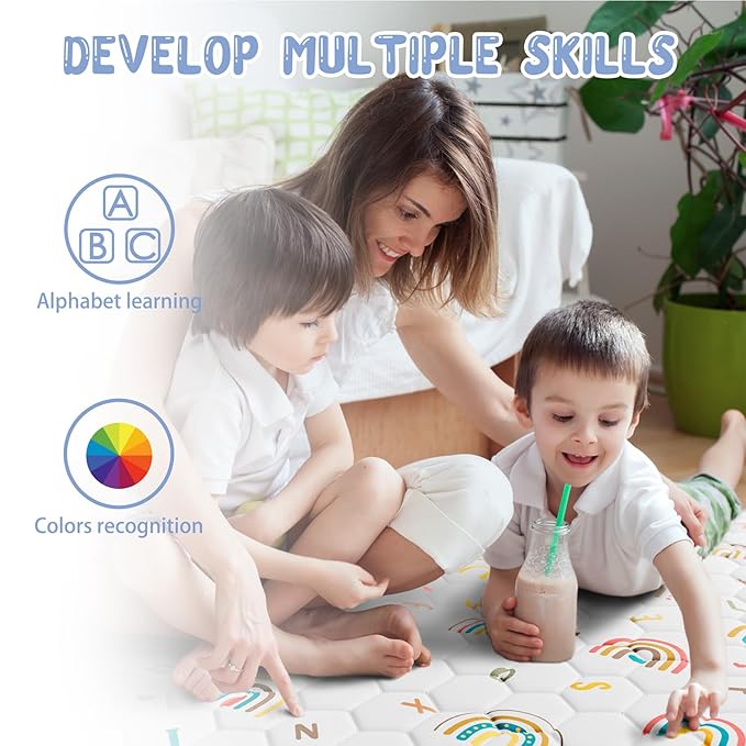 Boho Rainbow Baby Play Mat 50x50 Playpen Mat Thicken Soft Baby Crawling Mat Non-Slip Cushioned Baby Floor Mat with Letters, Activity Playmats for Babies Toddlers Play & Tummy Time (50X50,White)-CubbioJoy