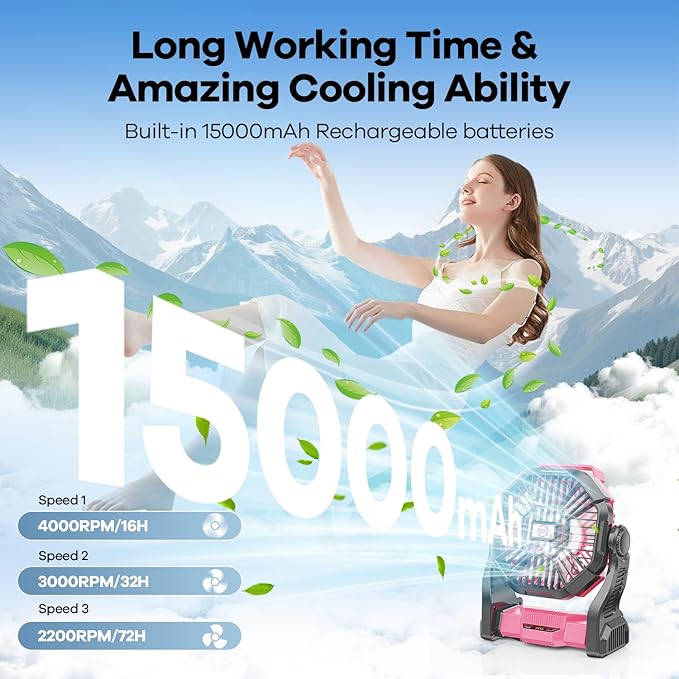 15000mAh Portable Battery Powered Camping Fan - with LED Light, Quiet Battery Operated, Camping Gear for Travel, Tent, Beach, Car or Hurricane Power Outages, Pink-CubbioJoy