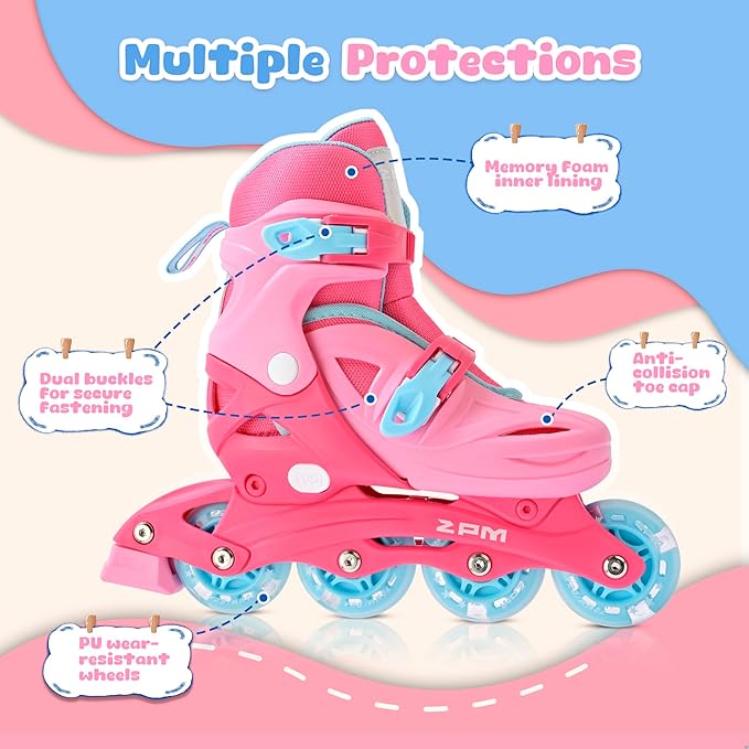 2PM SPORTS Inline Skates with Light Up Wheels, Roller Skates Blades for Boys Girls Kids Ages 5-8 8-12 4-6 6-12, Size Adjustable Beginner Blades Roller Skates-CubbioJoy