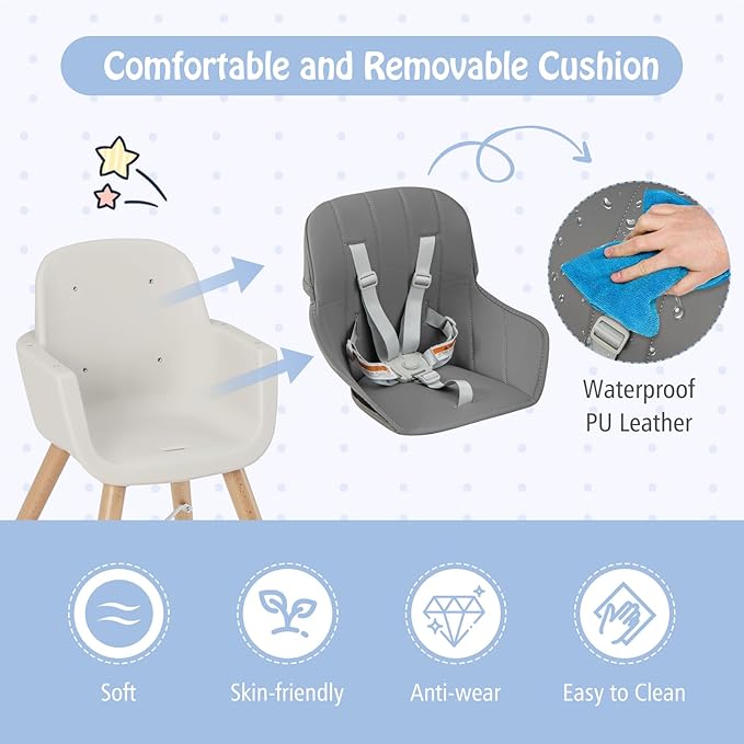 BABY JOY Baby High Chair, 3-in-1 Convertible Wooden Highchair for Babies & Toddlers, Infant Feeding Chair w/ 5-Point Safety Harness, Footrest, Adjustable Legs, Removable Tray & PU Cushion (Dark Gray)-CubbioJoy