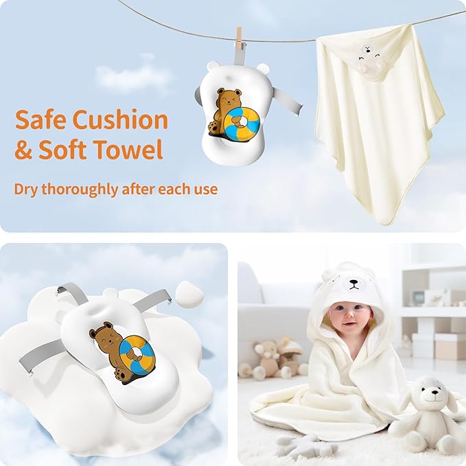 Collapsible Baby Bathtub with Soft Towel and Floating Cushion, Infant Bathtub for Newborn to Toddler (0-18 Month), Portable Baby Bath Tub for Travel (Brown Bear)-CubbioJoy