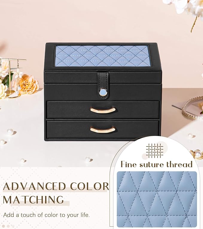 Black Jewelry Box Organizer: Home Decor for Women - 2-Drawer Holder for Valentine’s Day Birthday Christmas Black Grey-Blue-CubbioJoy