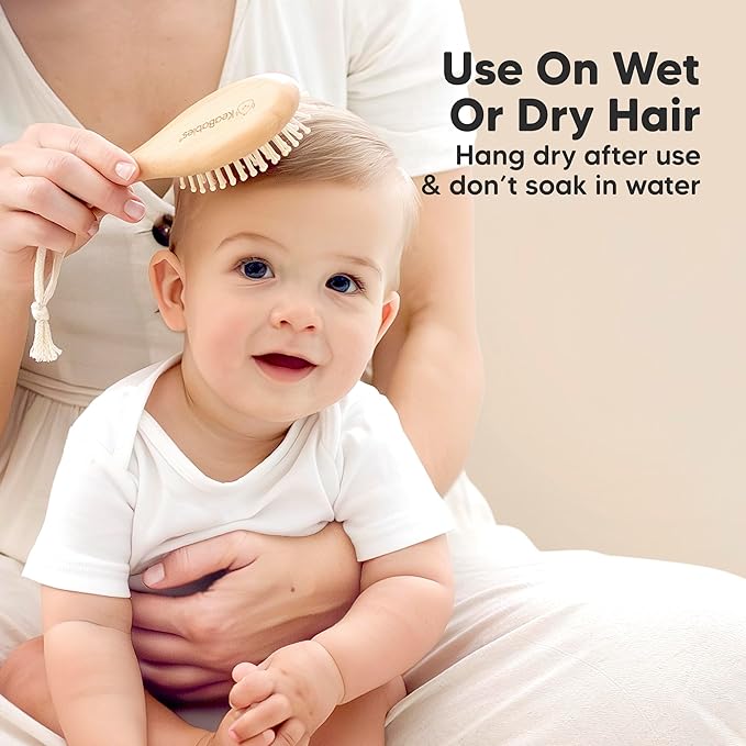 Baby Hair Brush and Comb Set for Newborn - Wooden Baby Hair Brush Set with Soft Goat Bristle, Baby Brush Set for Newborns Baby Brush and Comb Set Girl, Boy, Toddler Cradle Cap Brush (Oval, Walnut)-CubbioJoy