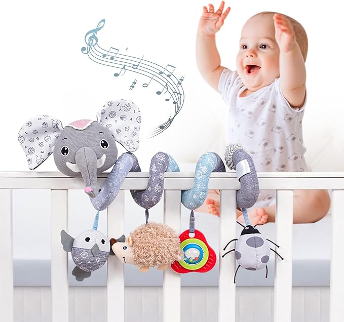 Jollybaby Baby Car Seat Stroller Toys, Plush Activity Hanging Spiral Activity Pram Crib with Music Box, Rattles, Squeaker for Babies Infant Boys Girls (SZ Gray Elephant)-CubbioJoy