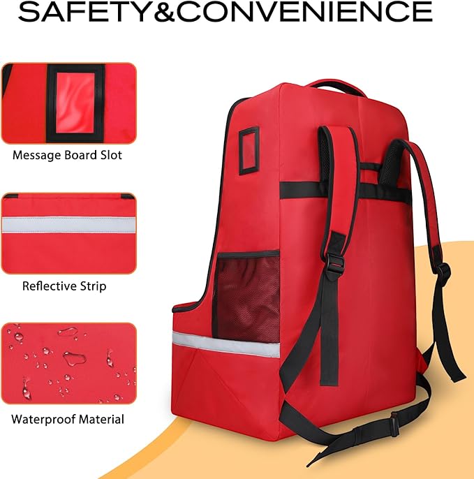 Car Seat Travel Bag for Airplane,Infant Seat Travel Bag with Shoulder Strap,Padded Car Seats Backpack with Reflective Stripes,Large Carseat Carrier Bag Travel Car Seat Cover, Red-CubbioJoy