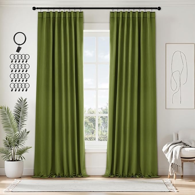 ANRODUO Back Tab Blackout Curtains for Bedroom Living Room, Rod Pocket Pinch Pleated Thermal Insulated Room Darkening Curtains 96 Inches Long 2 Panels, Olive Green, 42 x 96 Inch-CubbioJoy