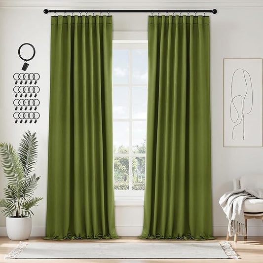 ANRODUO Back Tab Blackout Curtains for Bedroom Living Room, Rod Pocket Pinch Pleated Thermal Insulated Room Darkening Curtains 96 Inches Long 2 Panels, Olive Green, 42 x 96 Inch-CubbioJoy