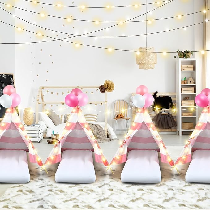2 Pack Kids Teepee Tent with Mattress,Fitted Sheet,Light String,Washable Natural Cotton Toddler Play Tent for Girls Boys Indoor Outdoor Sleepover Slumber Birthday Party(Pink and White)-CubbioJoy