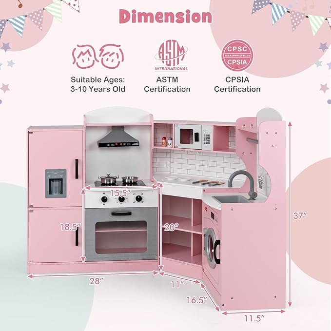Costzon Corner Kids Kitchen Playset, Wooden Play Kitchen with Sounds & Lights, Washing Machine, Range Hood, Ice Maker, Microwave, Oven, Sink, Pretend Toy Kitchen Set for Toddler, Gift for Boys Girls-CubbioJoy