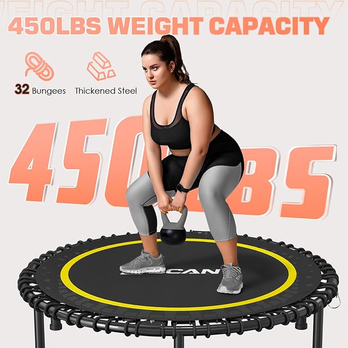 BCAN 40"/48" Mini Rebounder Trampoline for Adults with Bar, 450/550LBS Fitness Trampoline with Bungees, Adjustable Handle, Stable & Quiet, Indoor Outdoor, Whole-Body Workout & Relaxation at Home-CubbioJoy