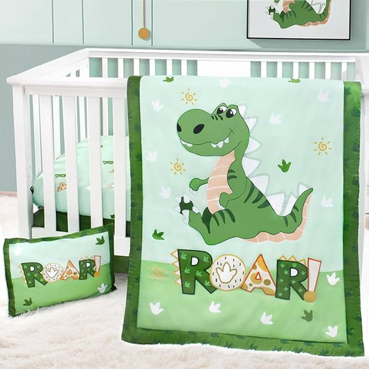 Cloele Crib Bedding Set for Boys,4 Piece Dinosaur Baby Bedding Set,Standard Size Toddler Nursery Bedding Includes Comforter,Crib Skirt,Fitted Sheet&Pillowcase,Soft Dinosaur Blanket-Green-CubbioJoy