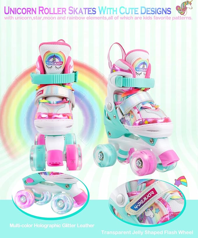 4-Pejiijar Rainbow Unicorn Kids Roller Skates for Girls Toddler Ages 2-4 5-8 8-12,Adjustable Roller Shoes with Luminous Wheels for Birthday Xmas Gifts-CubbioJoy
