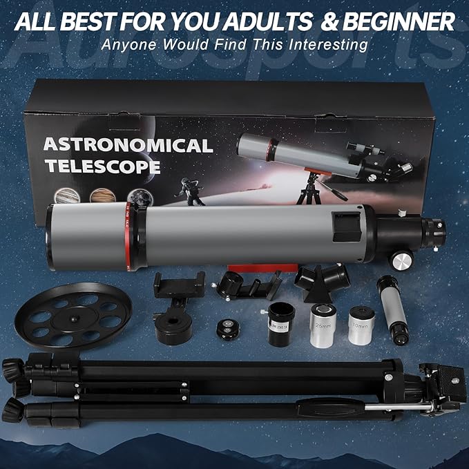 Aurosports Telescope for Adults High Powered - 90mm Aperture 600mm Refractor Telescope for Kids & Beginners -Portable Travel Telescope with Phone Adapter Tripod Wireless Remote & Carry Bag-CubbioJoy