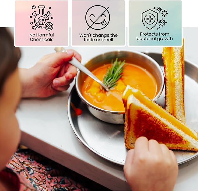 Children's 304 18/8 Stainless Steel Dinnerware Set | 1 Plate (21 cm) and 1 Bowl (10 ounces) | Matte Finish | 100% BPA Free | Non-Toxic | Dishwasher Safe-CubbioJoy