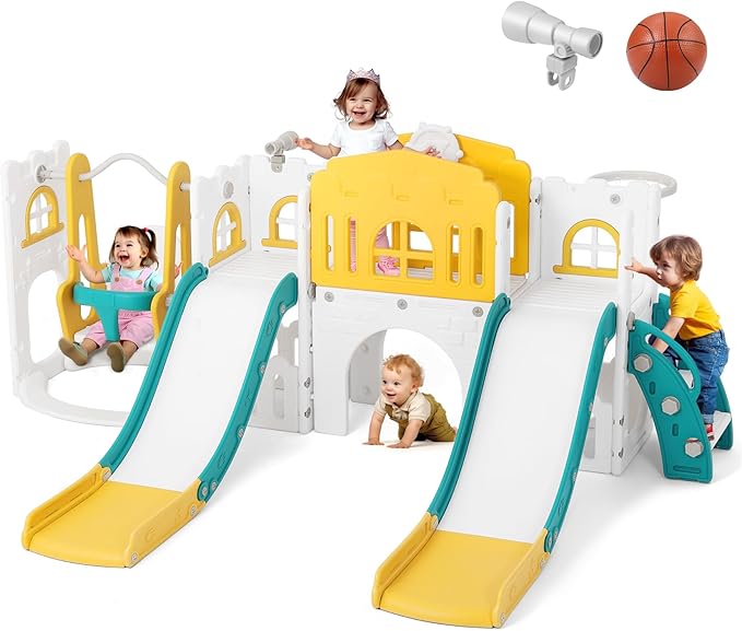 JOYLDIAS 10 in 1 Toddler Slide, Double Kid Climber Slide Playset w/Swing, Basketball Hoop, Telescope, Tunnel, Storage Space and Non-Slip Steps, Indoor Outdoor Backyard Playground Toy for Toddlers-CubbioJoy
