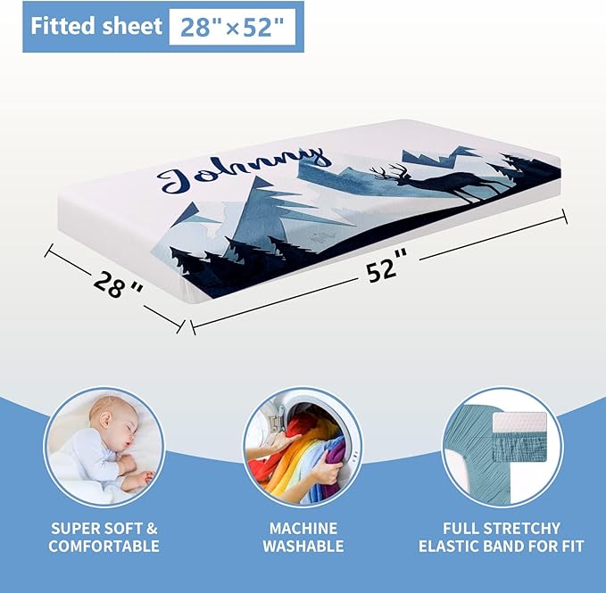 Custom 5-Piece Baby Crib Bedding Set, Personalized Name for Toddlers, Blue Deer Nursery Set for Boy Girl, Double Layer Infant Crib Set, Customized Gifts-CubbioJoy