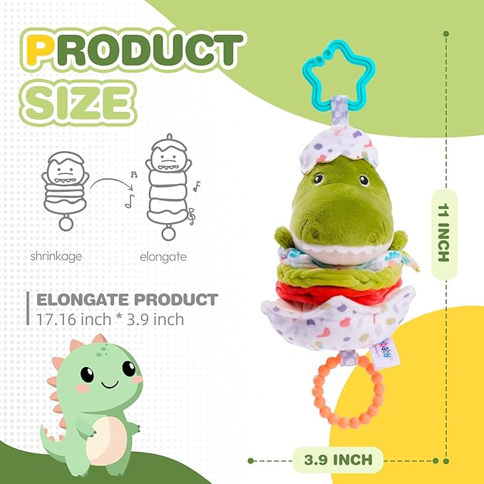 Jollybaby Baby Musical Pull String Hanging Toy for Stroller Car Seat Crib Play Gym, Plush Stuffed Dinasour Toy for Carseat with Music Teether Crinkle Paper, Sensory Toy for 0-6-12-18 Months Baby Gift-CubbioJoy