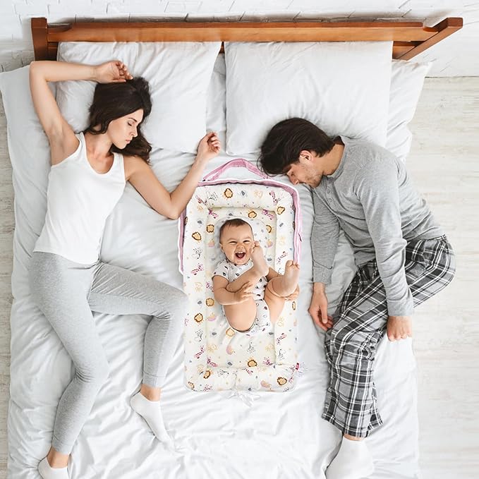 Baby Lounger for Tummy Time Portable,Baby Play mat with Strap,Newborn Lounger Inner Zipper for Boys Girls 0-24 Months,Animal World Pink-CubbioJoy