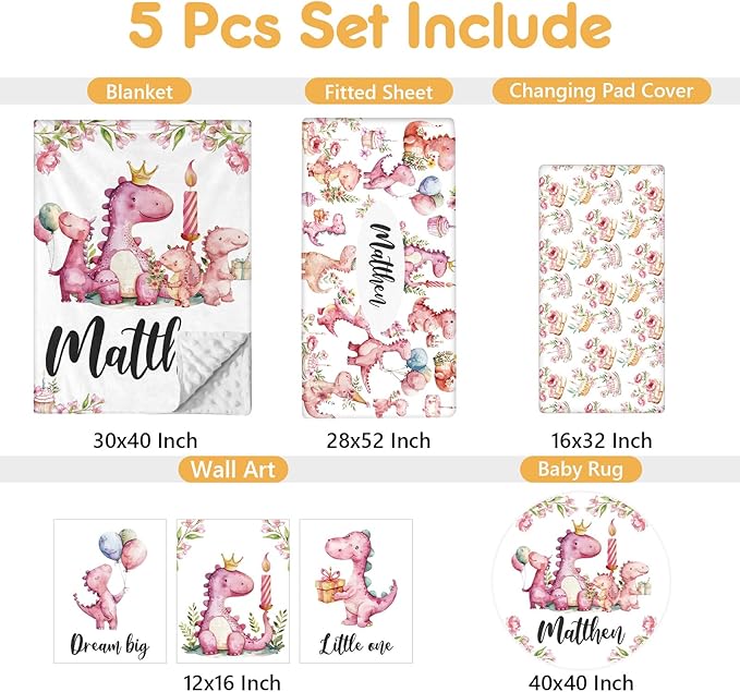 Custom Baby Crib Bedding Set - 5 Pcs Personalized Name Pink Dinosaurs Crib Set for Infants Toddlers Girls - Soft Double Layer Nursery Bedding Set - Customized Present for Birthday Baby Shower-CubbioJoy