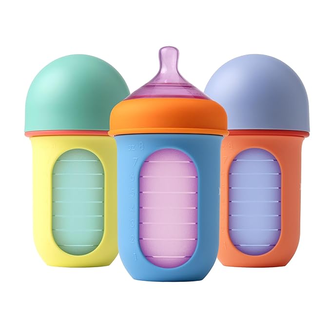 Boon Nursh Reusable Silicone Pouch Baby Bottles - Medium Flow Nipple - Silicone Baby Bottle Pouch and Nipple - Baby Feeding Essentials - Color Block - 3-6 Months - 3 Count - 8 Ounce-CubbioJoy