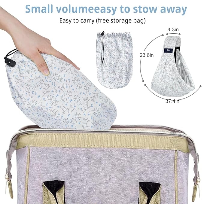 CUBY Wrap Baby Sling Carrier, Baby Wraps Sling Carrier Adjustable Breathable Lightweight Easy to Wearing - Baby Slings for Newborn Infant Toddler Front & Hip Carry Up to 40lbs (Blue Flower)-CubbioJoy