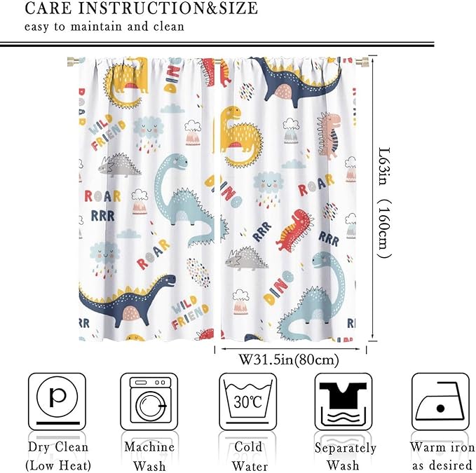 Cartoon Dinosaur Curtains for Kids Boys Girls Home Decor Colorful Cute Dino Animals Print Pattern Rod Pocket Blackout Window Drapes for Nursery Baby Bedroom Playroom W31.5xL63in 2 Panels-CubbioJoy