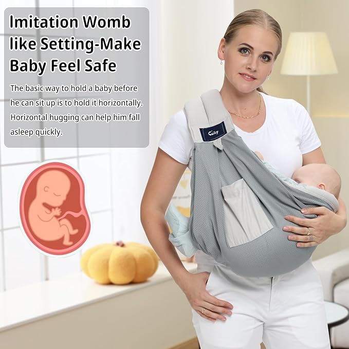 CUBY Mesh Baby Sling Carrier, Breathable Lightweight Baby Wraps Sling with Adjustable Strap- Easy to Wearing Soft Front Facing Baby Slings for Newborn Infant Toddler Carry Up to 40lbs(Gray Mesh)-CubbioJoy