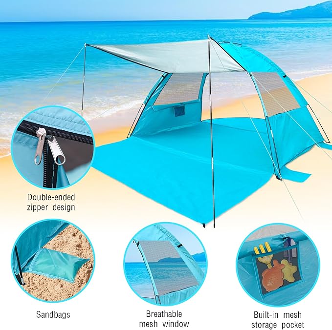 DLUCKY Beach Tent for 1/2/3/4/5/6 Person,Anti-UV Portable Sun Shade ShelterUPF 50+,Both Sides Extendable Floor,Extendable Awning,with 2 Ventilating Mesh Windows,Lightweight & Easy Setup.-CubbioJoy