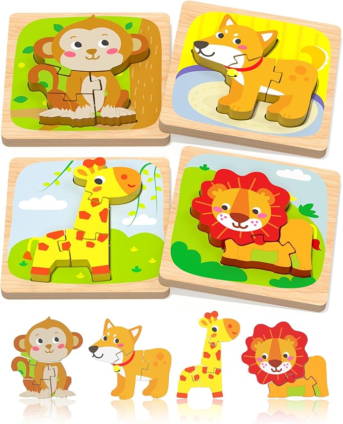 Benresive Wooden Toddler Puzzles, 4pcs Animal Montessori Toys for 1-3 Year Old Boys & Girls, Learning Educational Preschool Toys, Great Gifts for 1 2 3 Year Olds-CubbioJoy