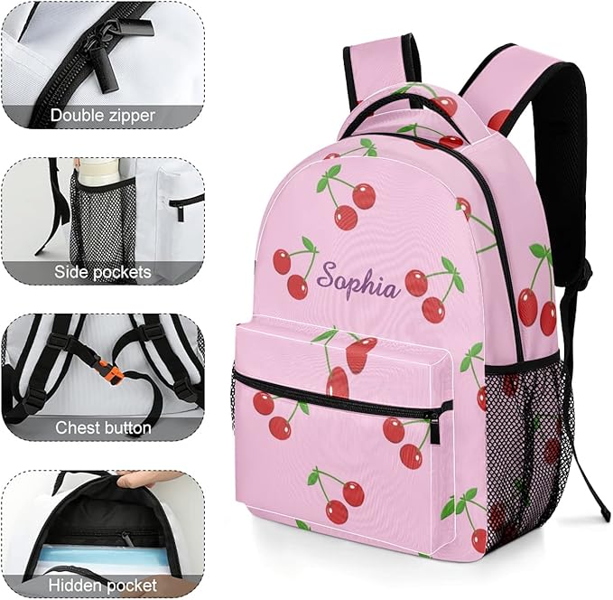 Cherry on Pink Custom Kids Backpack 16.5 Inch for Boy Girl, Personalized Waterproof Child School Travel Bag with Name-CubbioJoy