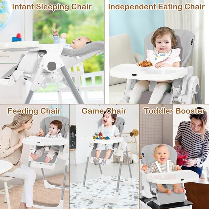 INFANS High Chair for Babies & Toddlers, Foldable Highchair with Multiple Adjustable Backrest Footrest Seat Height, Removable Tray, Detachable PU Leather Cushion Wheels (with Booster, Light Grey)-CubbioJoy