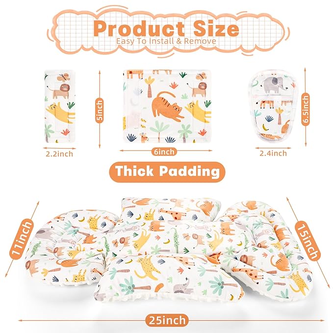 Infant Car Seat Insert, Soft Baby Car Seat Head & Body Support for Girl Boy, Reversible Newborn Preemie Carseat Insert Cushion with 3 Straps Pads Fits CarSeat, Stroller, Swing, Bouncer, Animals-CubbioJoy