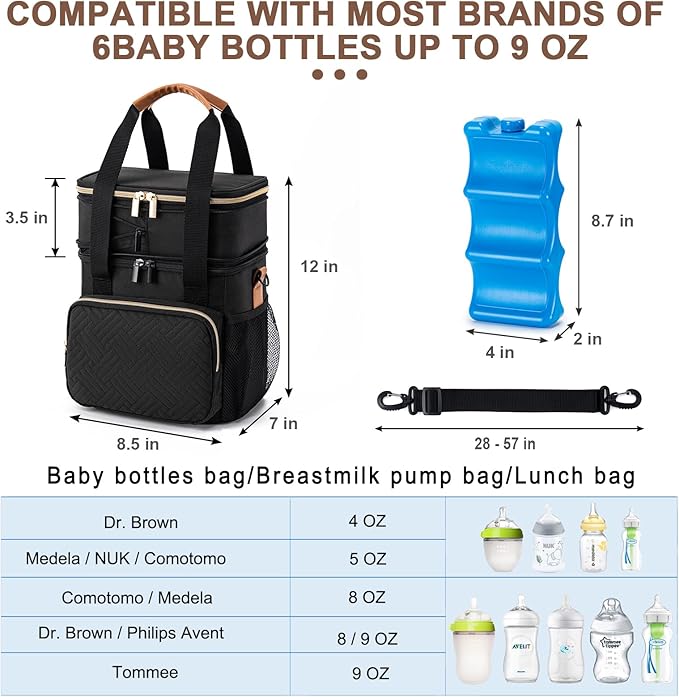 Breastmilk Cooler Bag with Ice Pack Fits 6 Baby Bottles Up to 9 Ounce, Expandable Double-Layer Leak-Proof Cooler Bag with Shoulder Strap for Nursing & Working Mom, Black-CubbioJoy