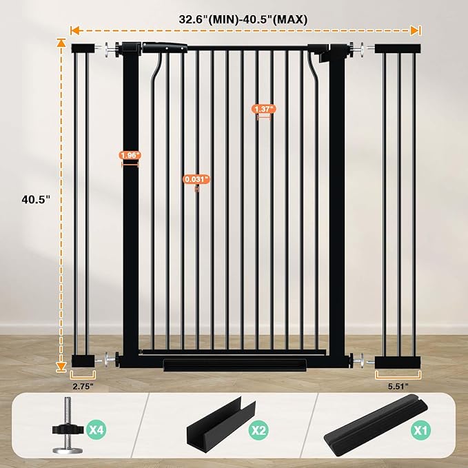 40.5" Extra Tall Baby Gate for Doorways, 32.6"-40.5" Extra Wide Pet Gate Pressure Mounted, Puppy Dog Gates Proof Indoor, No Drill Safety Child Gate, 1.37" Narrow Space Metal Black Gate-CubbioJoy