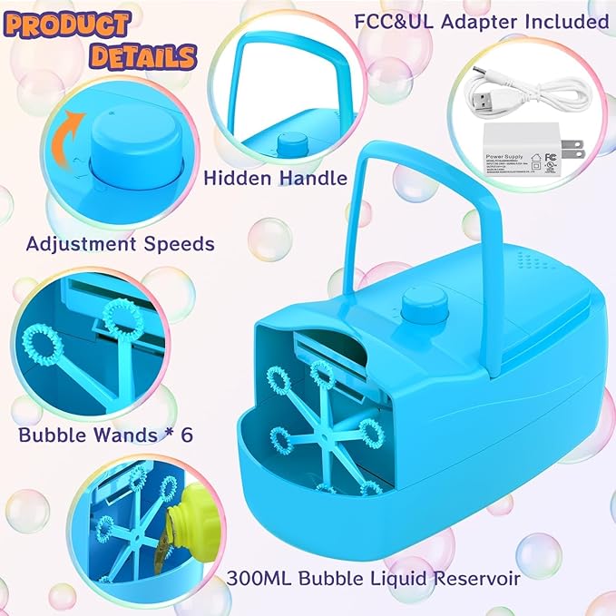 Bubble Machine, Automatic Bubble Blower for Kids, 18000+ Bubbles Per Minute with 2 Speed Settings, Battery/USB Powered Bubble Maker for Toddlers, Outdoor Birthday Parties, Weddings (Blue)-CubbioJoy