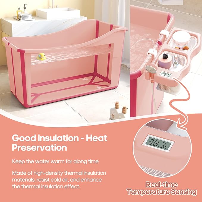 Collapsible Baby Bathtub Foldable Bathtub for Toddler Portable Large Foldable Bath Tub Bathtub for Kids Petite with Thermometer and Storage Basket (Pink)-CubbioJoy