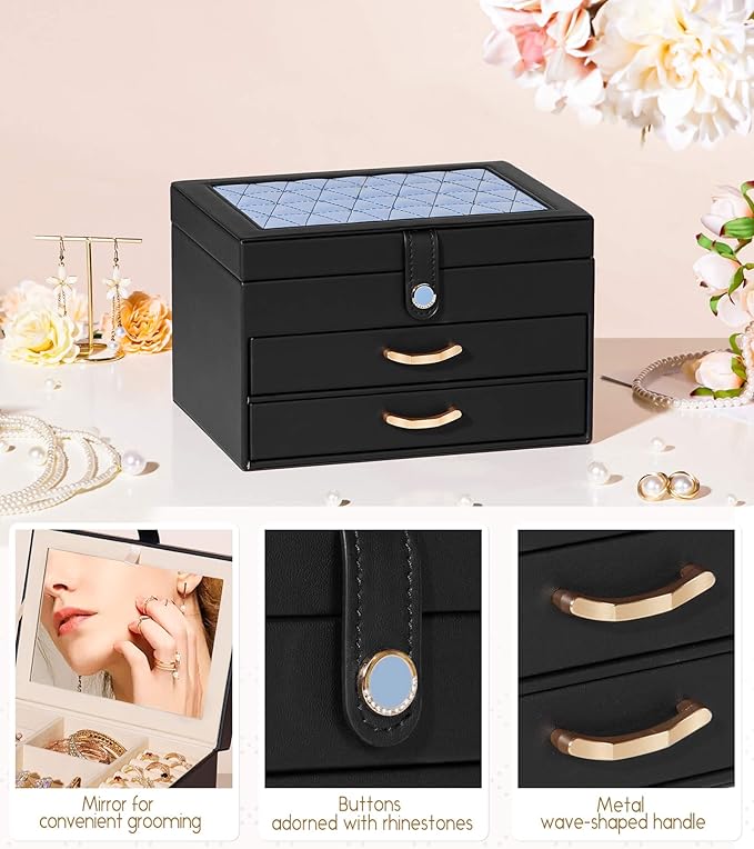 Black Jewelry Box Organizer: Home Decor for Women - 2-Drawer Holder for Valentine’s Day Birthday Christmas Black Grey-Blue-CubbioJoy