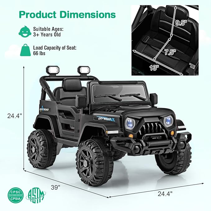 Costzon 12V Kids Ride on Truck Car, Electric Vehicle w/Remote Control, Threaded Wheels, 3 Speeds, LED Lights, Music, Horn & Wireless Connection, Battery Powered Ride on Toy for Boys & Girls 3+ (Black)-CubbioJoy