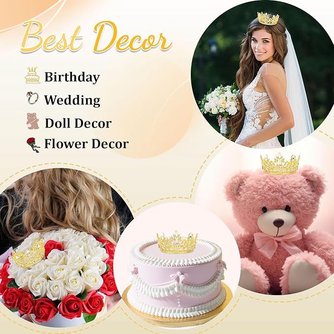 CAVETEE Mini Crown Cake Topper, Small Princess Tiara Crystal Crown Flower Bouquets Accessories for Cake Topper, Flower Arrangements and Decorations (gold)-CubbioJoy