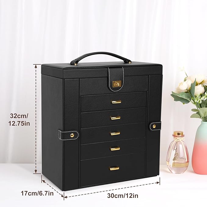 Kendal Extra Large Jewelry Box Jewelry Case PU Leather 6 Tier 5 Drawers Large Storage Capacity with Mirror Jewelry Storage Organizer Great Gift Also Good For Watches LJC-SHD5BK (black)-CubbioJoy